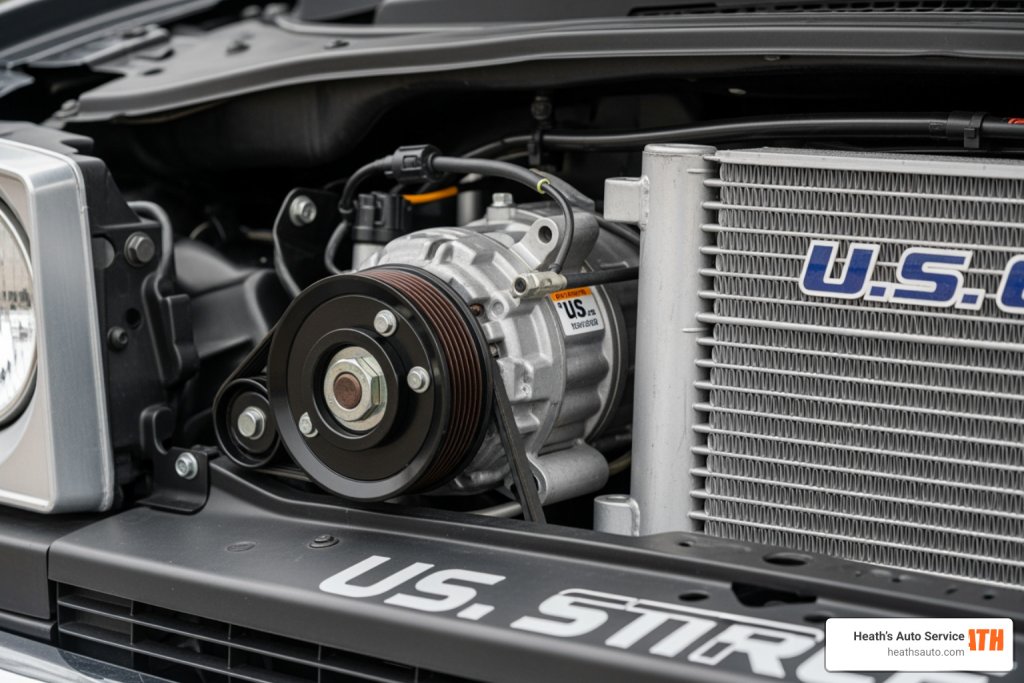 Close-up of a car AC compressor and condenser assembly showing the belt drive and cooling fins